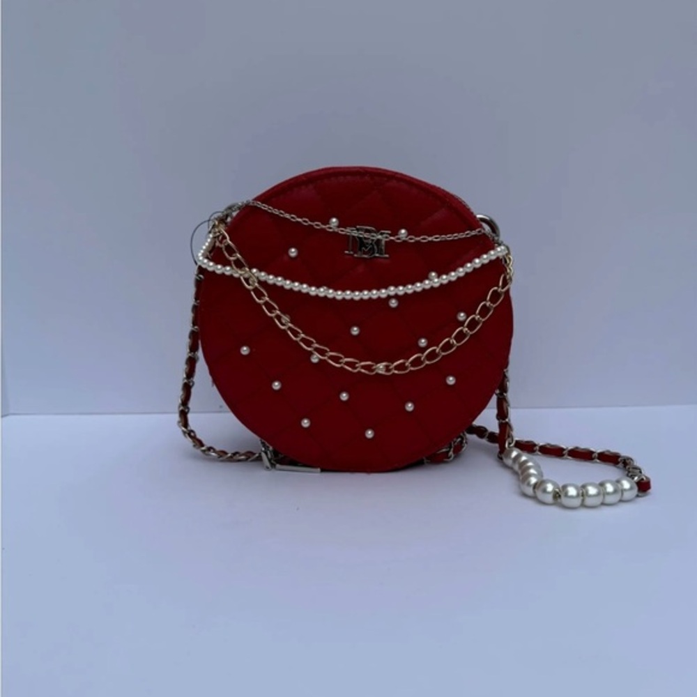 Badgley Mischka Red Quilted Round Bag with Pearl and Chain Accents